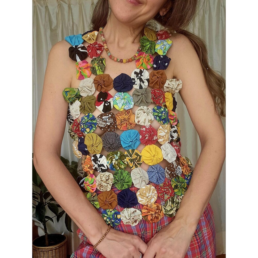 Handmade Vintage Yo Yo Top - One of a Kind Boho Textile Colorful Festival Art To